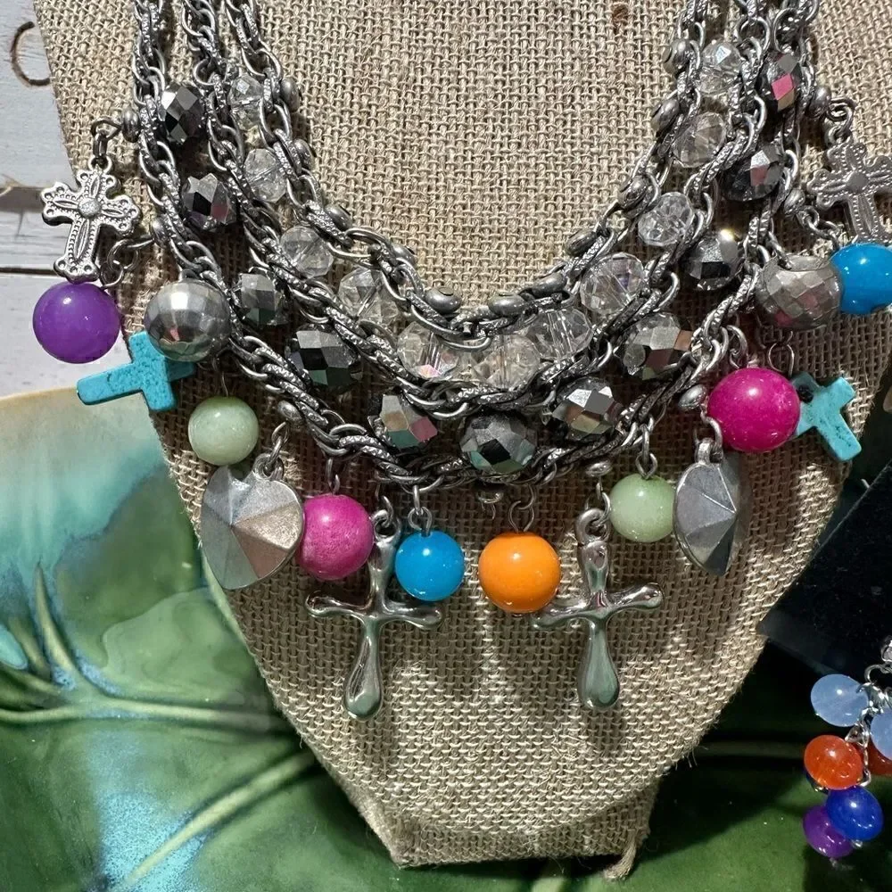 Multi Color Charm Necklace Crosses & Beads + Matching  Cluster Earrings